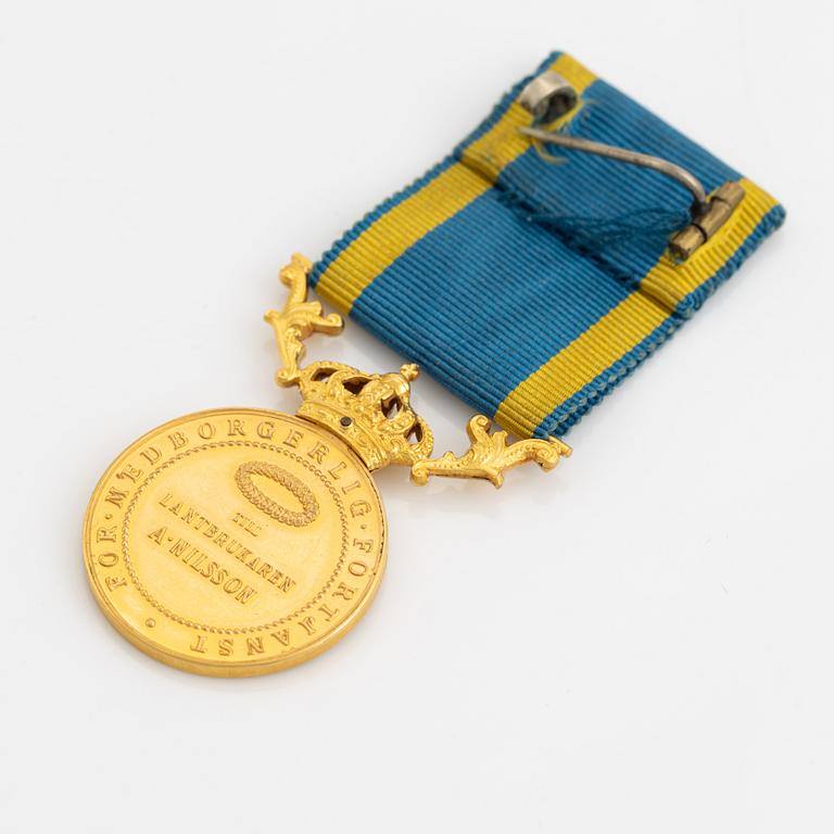 Medalj, Gustav V, guld, "För medborgerlig förtjänst", i etui, 1938.