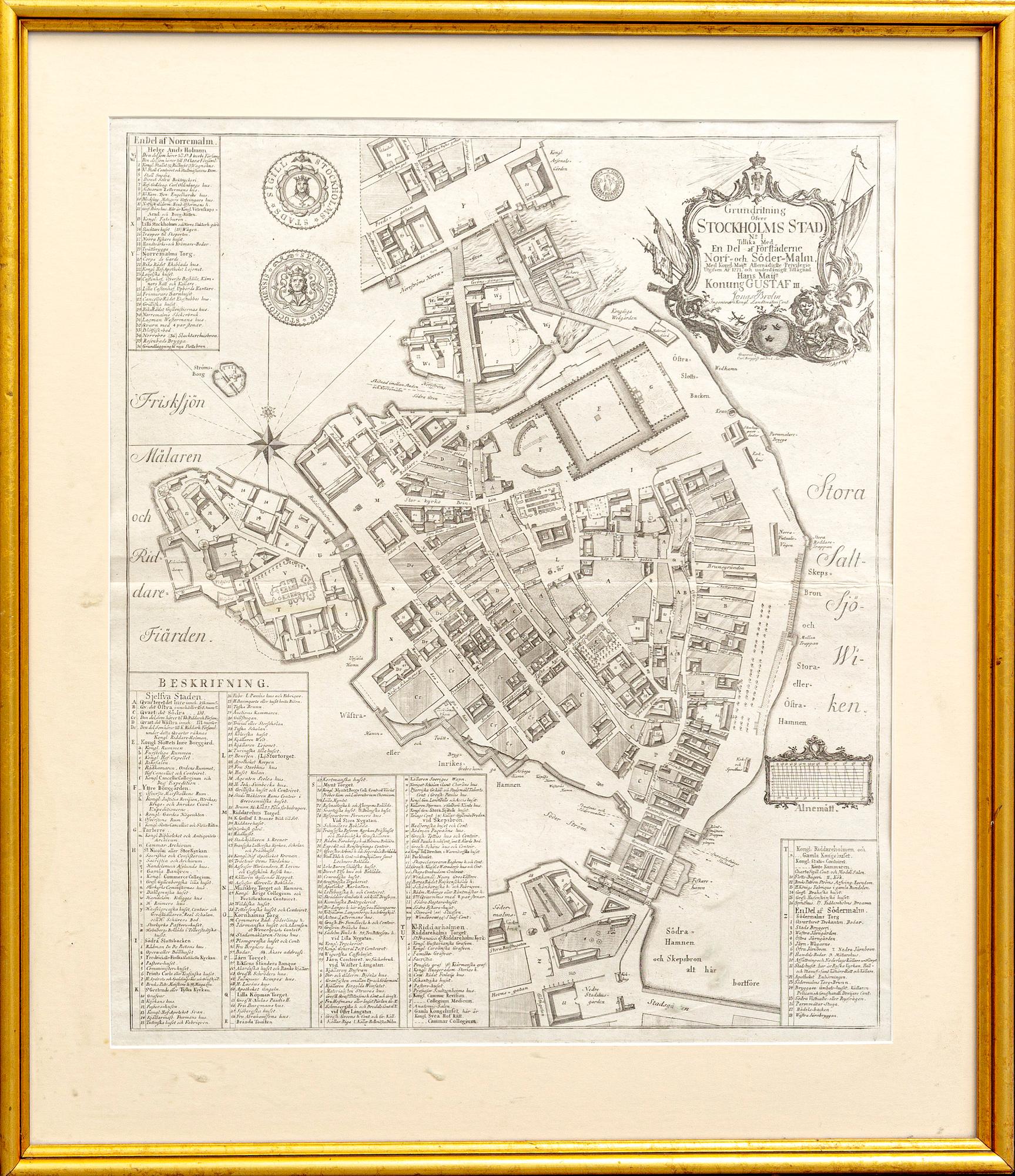 Jonas Brolin, karta över Stockholm, kopparstick, Stockholm 1771.