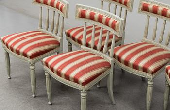 A set of four chairs and two stools, late gustavian, early 19th century.