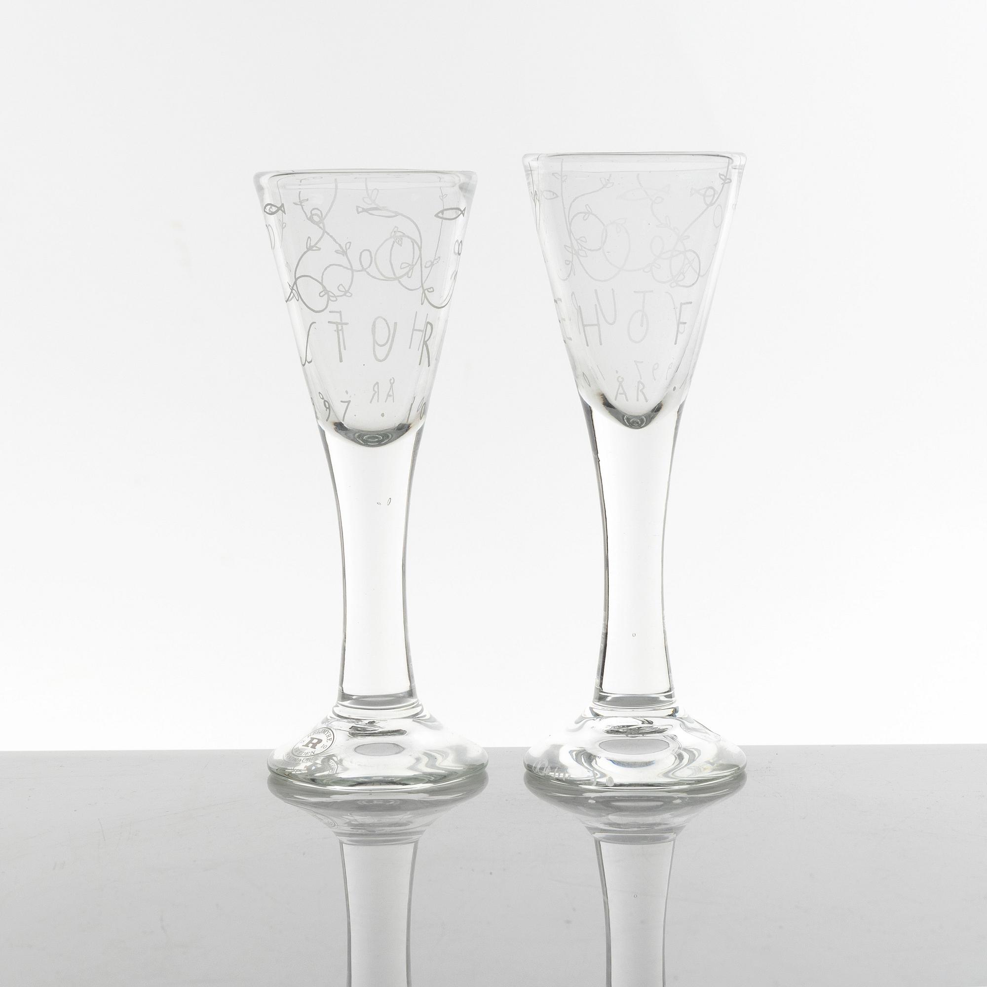 Jonas Bohlin, a pair of snapsglasses , numbered, Rejmyre, for Sturehof jubilee 1997.