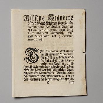 Aktiebrev, Ahlingsåhs Manufaktur Werk (Manufactur-Societet), No 212, 1728, ett tryckt förordnande medföljer.