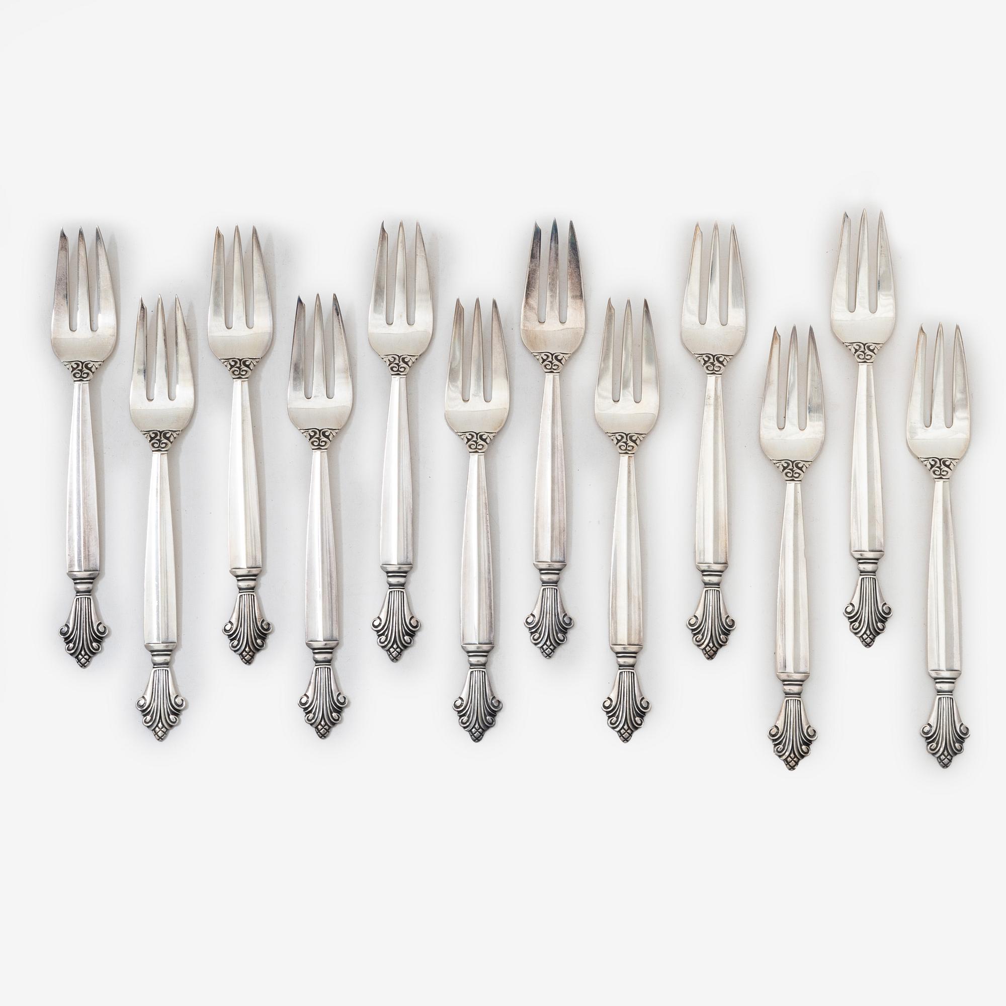 Twelve fruit/dessert forks, silver, Georg Jensen, Denmark, 1925-32.