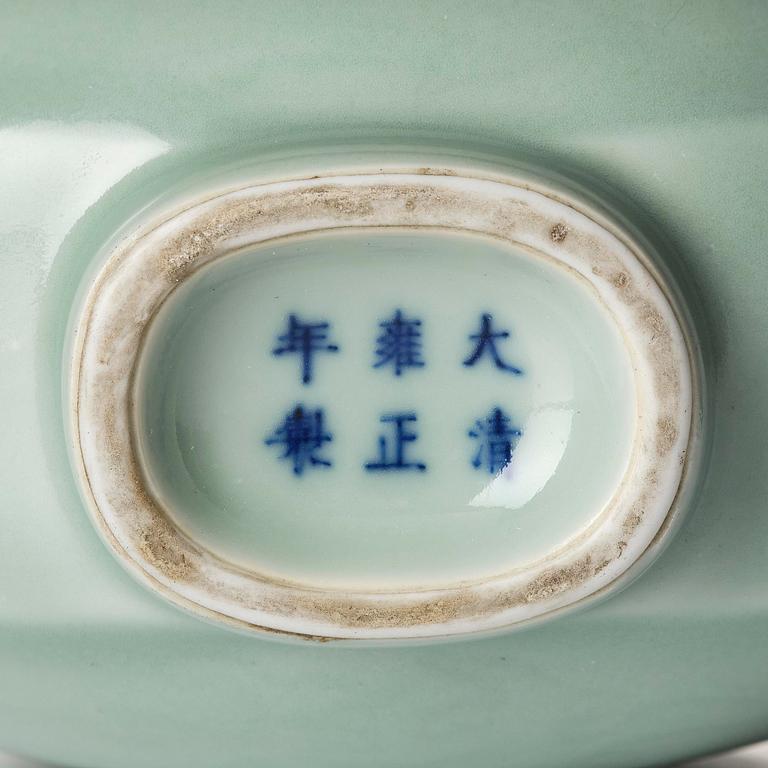 A celadon glazed moon flask, possibly Republic wiht a Yongzheng mark.