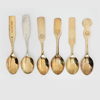 Anton Michelsen, Annual/Christmas spoons, 6 pcs, gilt sterling silver and enamel, Denmark, 1960s.