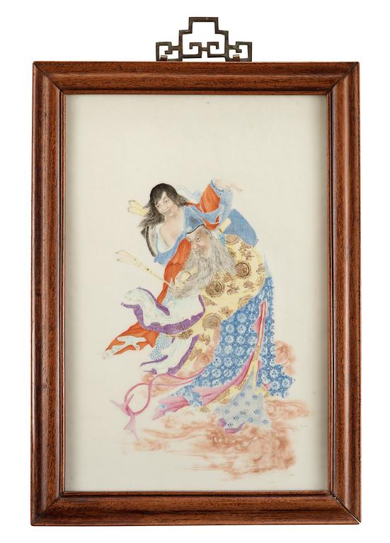 A plaque with enameled decor of mythological figures, Qing Dynasty, early 20th Century.