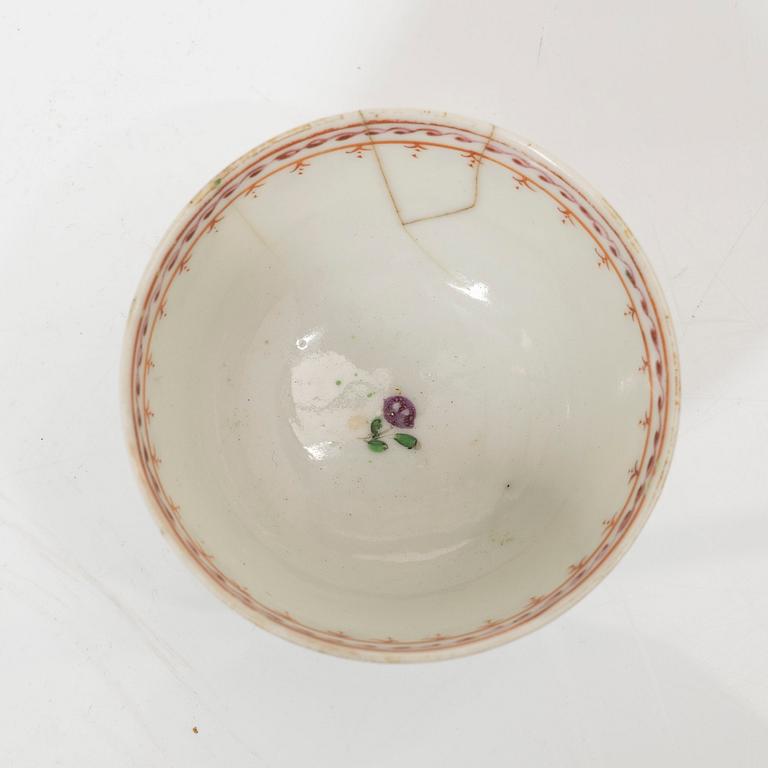 A set of five famille rose tea cups, Qing dynasty, 18th century and a bowl, Qing dynasty, 19th century.