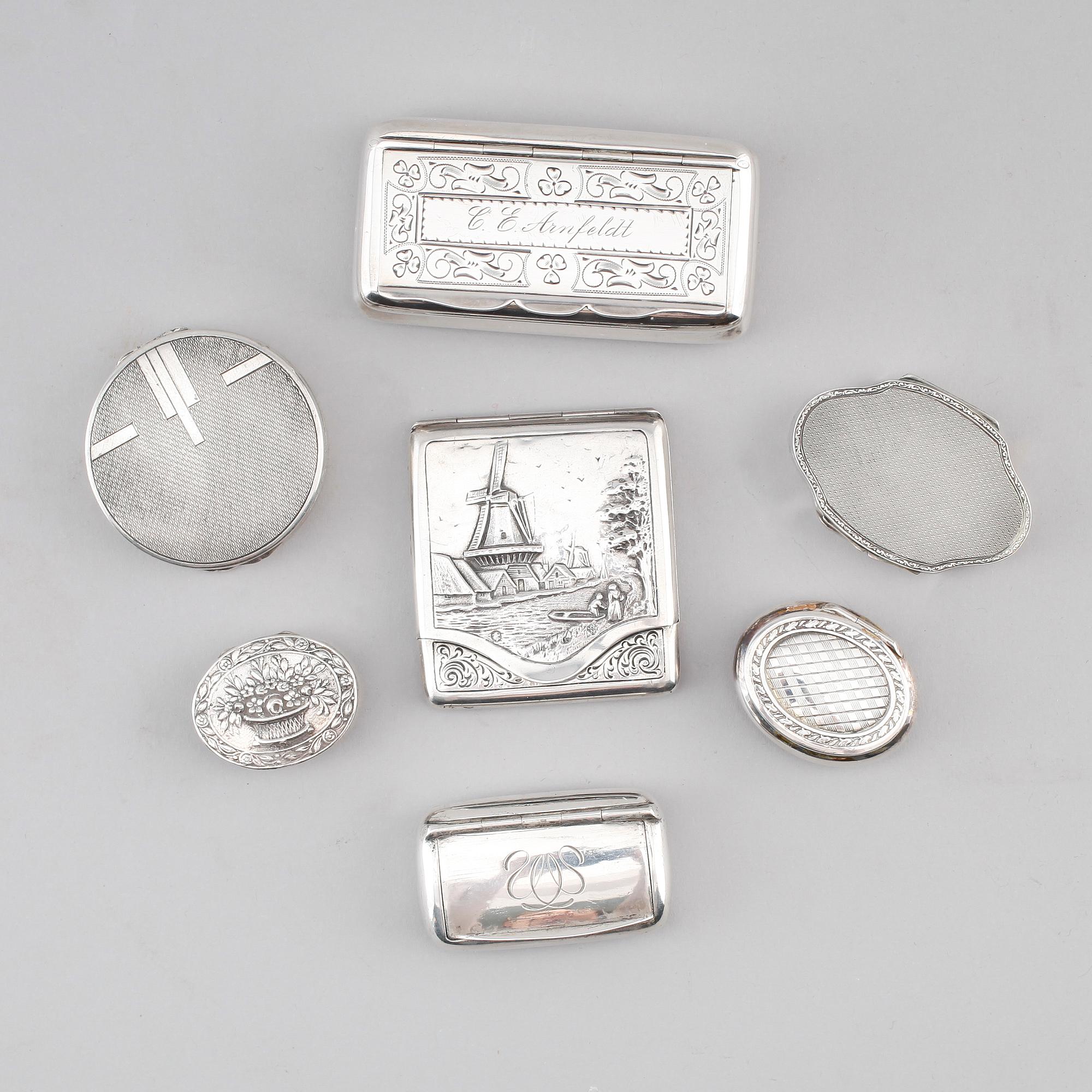 SAMLING DOSOR, 7 st, silver, 1900-tal. Vikt ca 232 g.