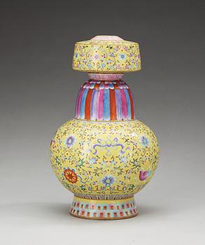 A 'famille rose' yellow-ground altar vase, presumably Republic with Qianlongs seal mark in red.