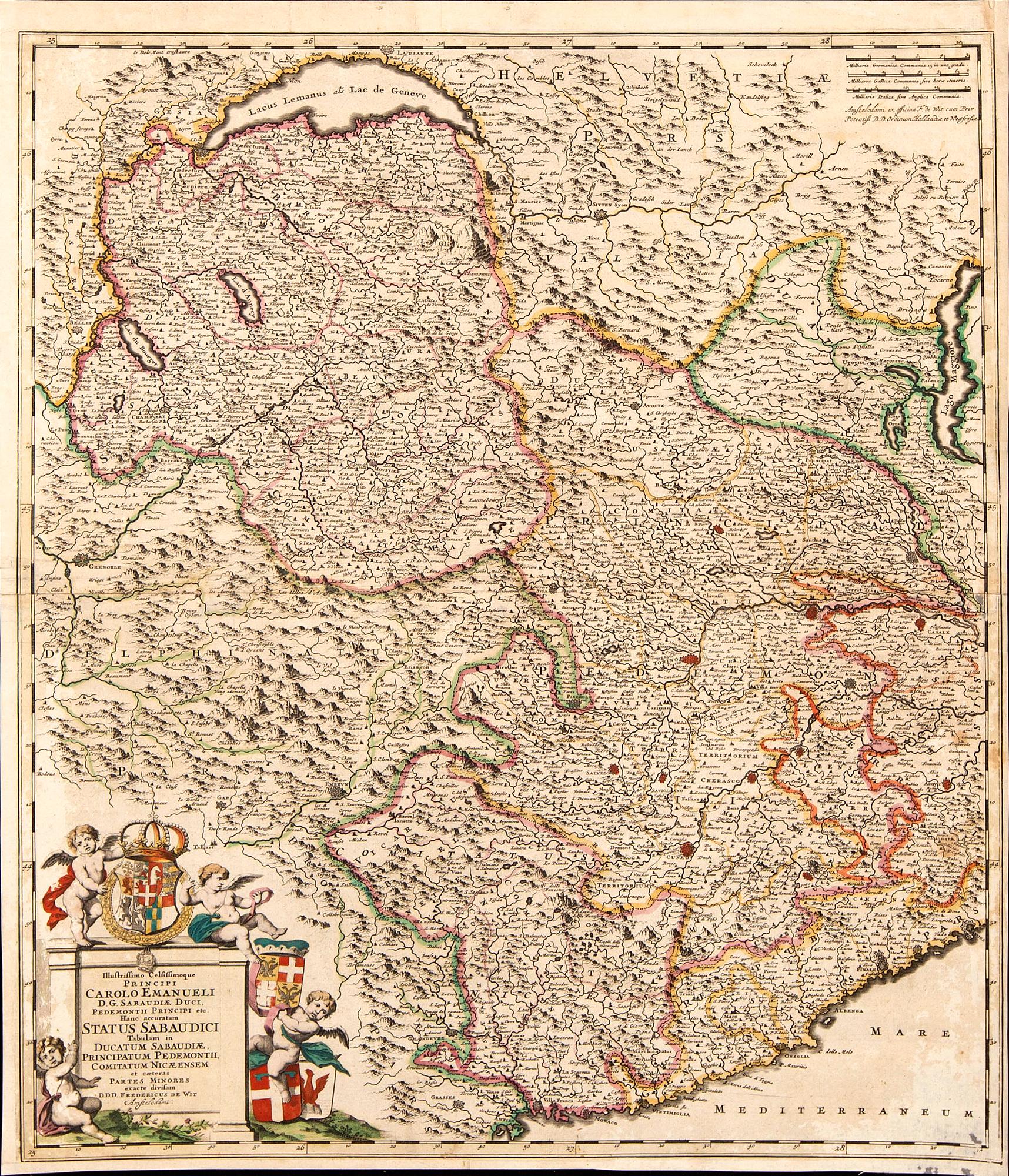 Frederik de Wit, map Savoy & Piemonte, hand colored copperengraving, Amsterdam 1680s.