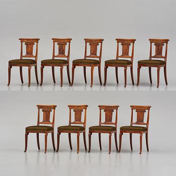 A set of nine Charles X mahogny dining chairs.