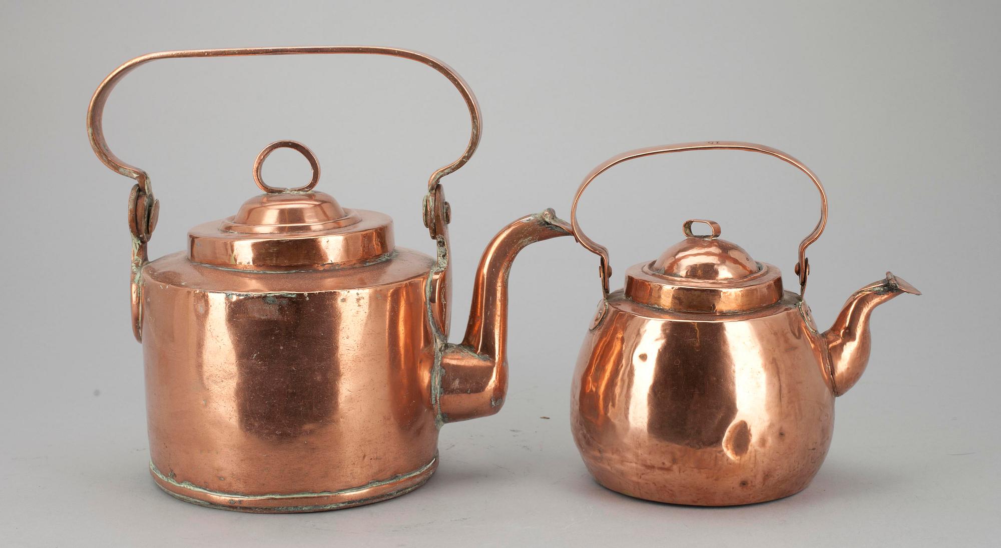 KANNOR, 6 st samt KASTRULLER 3 st, koppar, 1800-1900-tal.