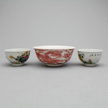 PARTI SKÅLAR, 3st, Kina, sent 1800-tal resp. modern tillverkning.