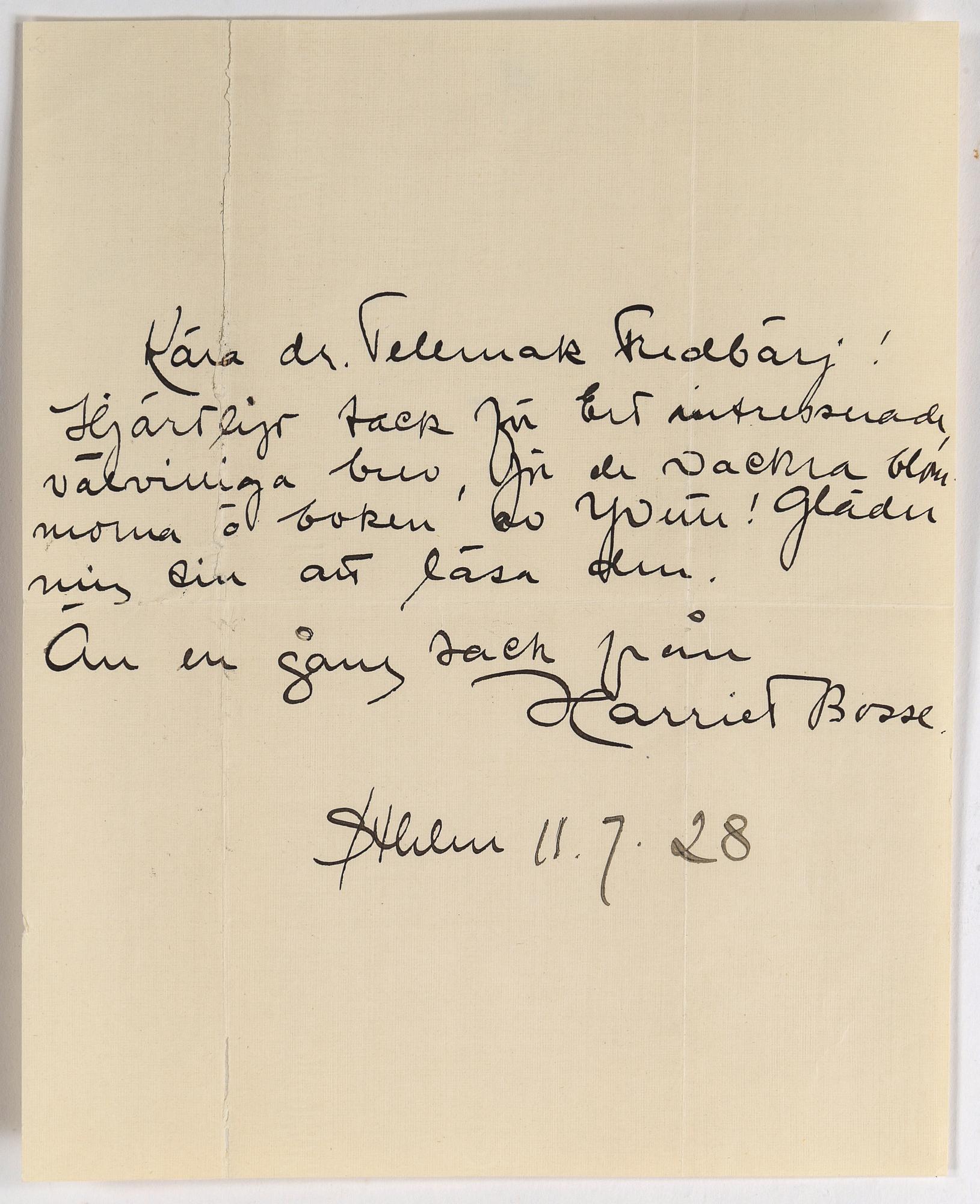 HARRIET BOSSE (1878-1961), egenhändigt brev med kuvert, dat Stockholm 11.7. -28.