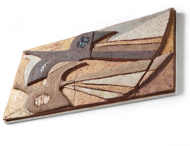 Tyra Lundgren, a stoneware relief, 'Stretching birds', Sweden 1960's.