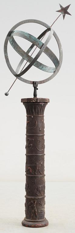 A Johannes Dahl copper and black lacquered cast iron sundial on column, Näfveqvarns Bruk.