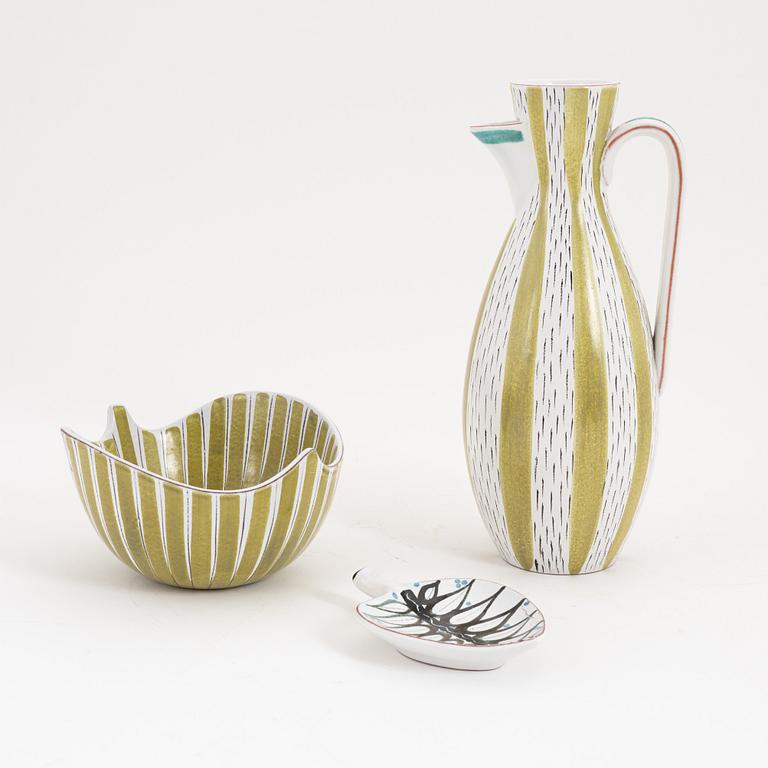 Stig Lindberg, a faience jug, a bowl and a dish, Gustavsbergs studio.
