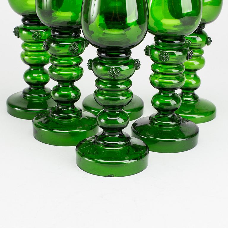 SIX GREEN WHITE WINE GLASES, 19th century.