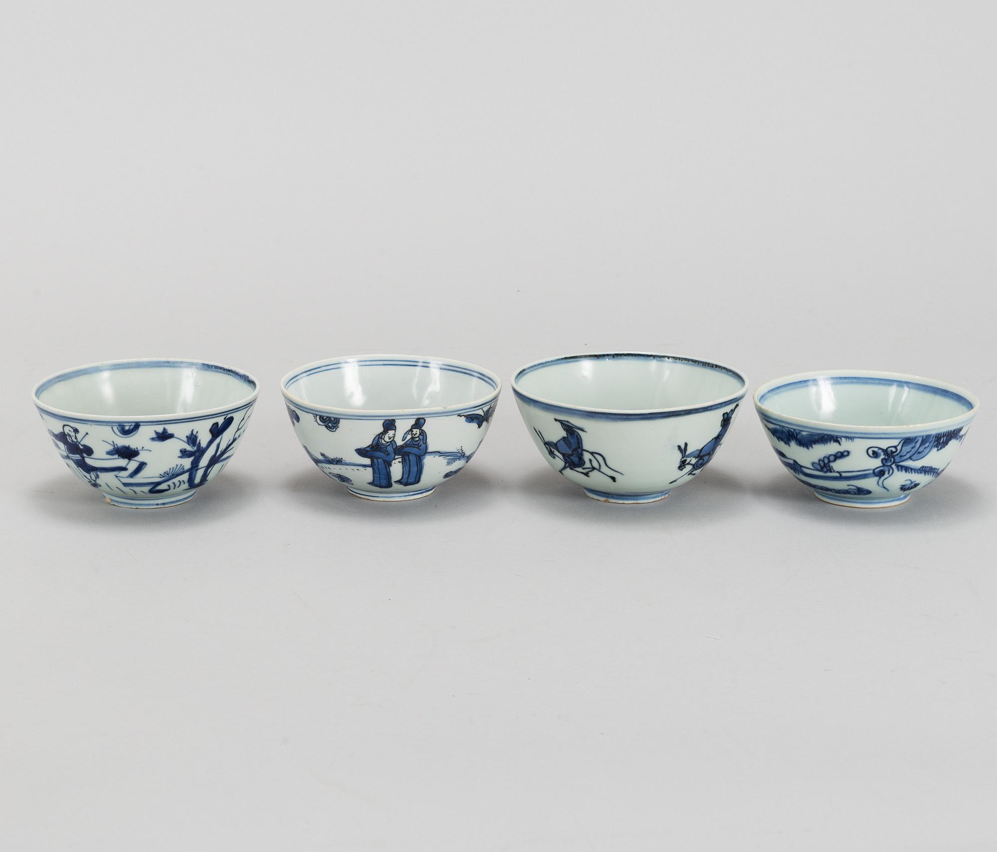 A group of four blue and white bowls, Ming dynasty (1368-1644).