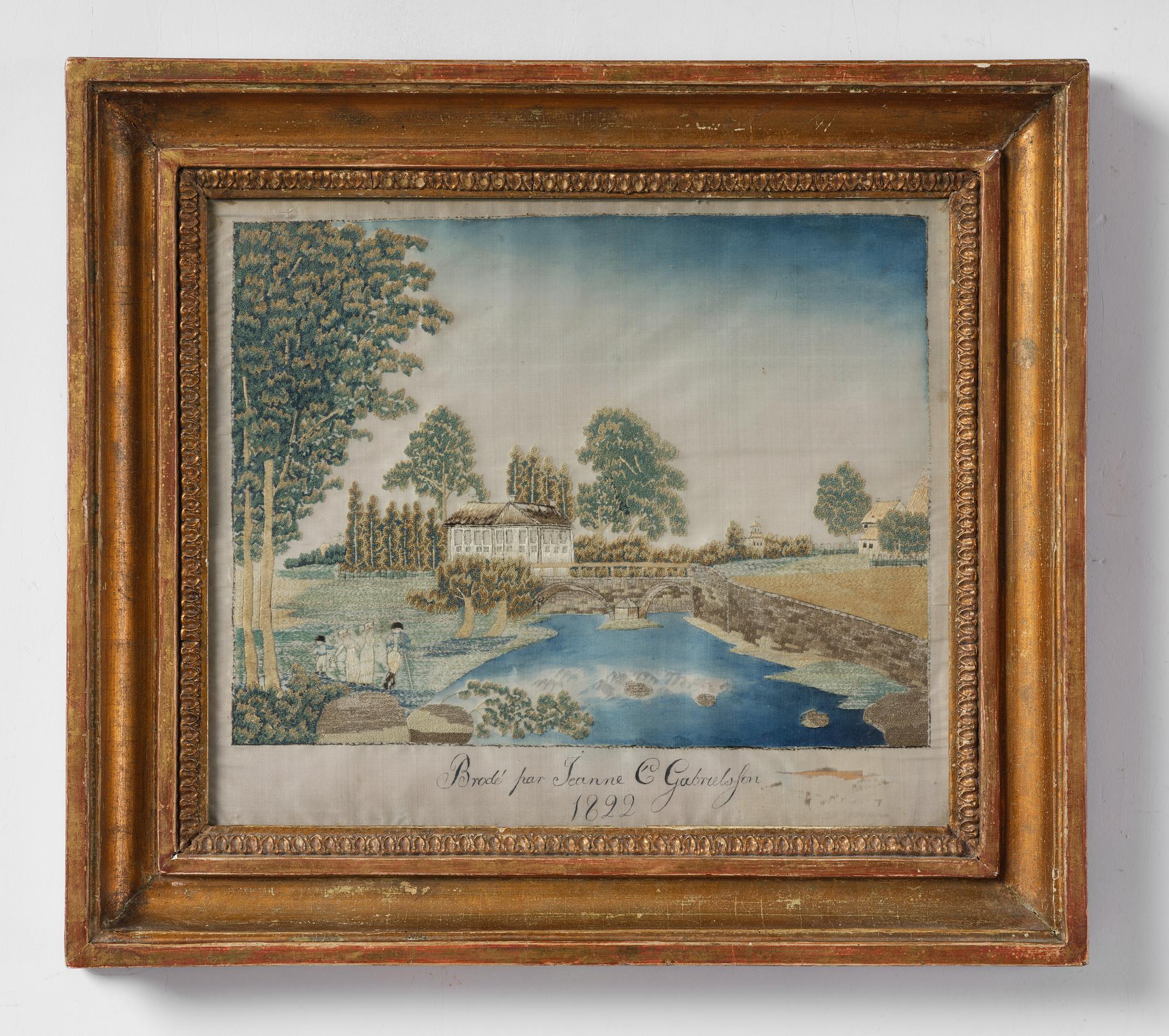 A Swedish Empire giltwood framed silk embroidery, early 19th century.