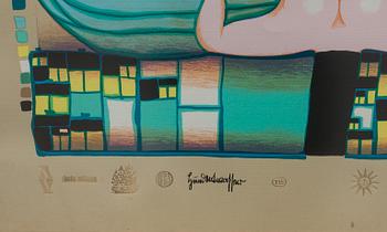 FRIEDENSREICH HUNDERTWASSER, färgserigrafi med metallprägling, stämpelsignerad och numrerad 3679/4200.