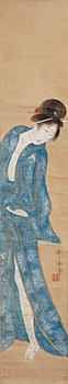 775. RULLMÅLNING, tusch och färg på papper. Skönhet i blått, efter Kitagawa Utamaro.