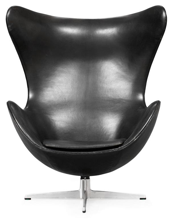 An Arne Jacobsen black leather "Egg Chair", Fritz Hansen, Denmark 1960's.