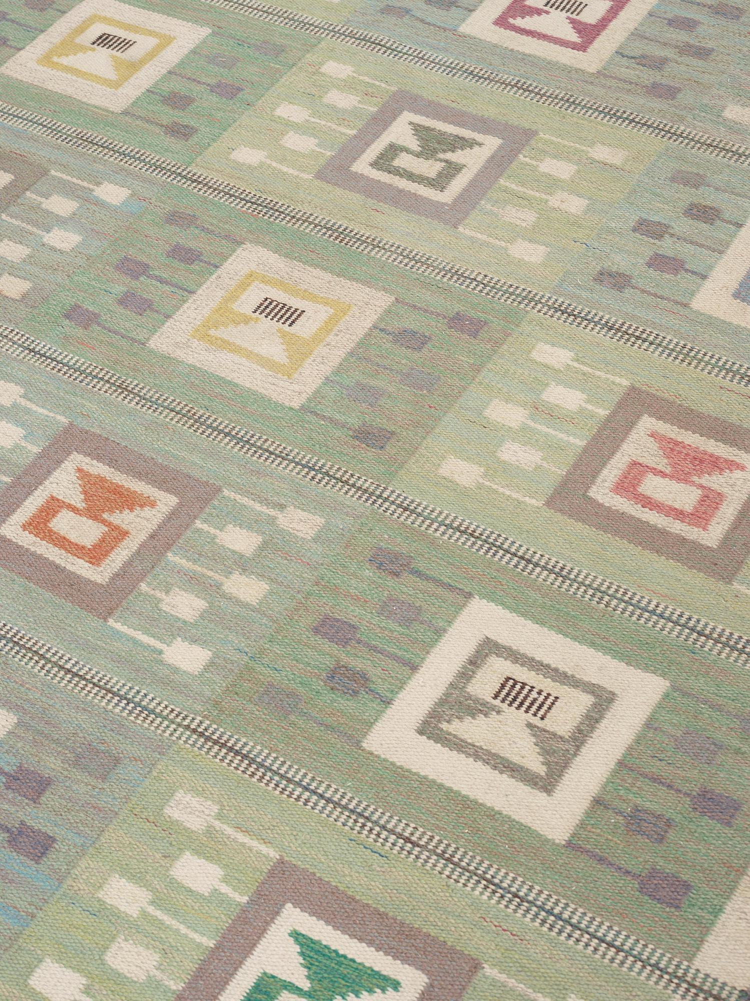 CARPET. "Flickorna i fönstret". Flat weave. 251,5 x 196,5 cm. Signed EM SH.