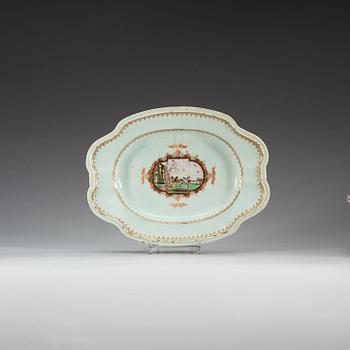 A famille rose 'European Subject' tureen with cover and stand, Qing dynasty, Qianlong (1736-95).