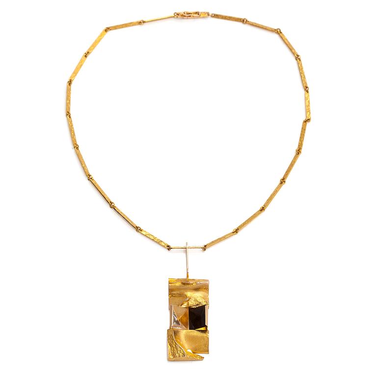Björn Weckström, a 14K gold necklace, 'Janus', with smoky quartz and rock crystal for Lapponia 1969.