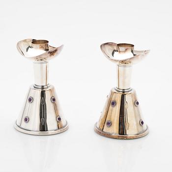 Tage Göthlin, candlesticks, a pair, silver with amethysts, Tesi, Gothenburg, 1960.