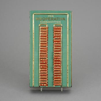 INKÖPSTAVLA TILL HUSHÅLLET, plåt, 1930/40-tal.