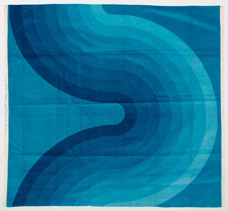 Verner Panton, CURTAIN AND SAMPLERS, 5 PIECES.  Cotton velor. A variety of blue nuances and patterns. Verner Panton.