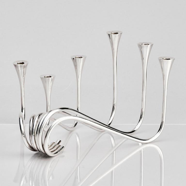 Ibi Trier Mørch, a pair of "Bølgeslag" six-branched sterling silver candelabra for A. Michelsen, Denmark 1951.