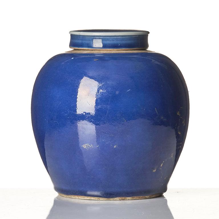 A powder blue jar with cover, Qing dynasty with Qianlong mark and of the period (1736-95).