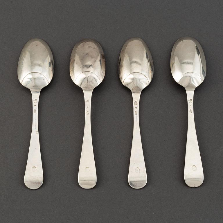 A set of four Swedish silver table-spoons, mark of Johan Pttersson Berg, Stockholm 1743.