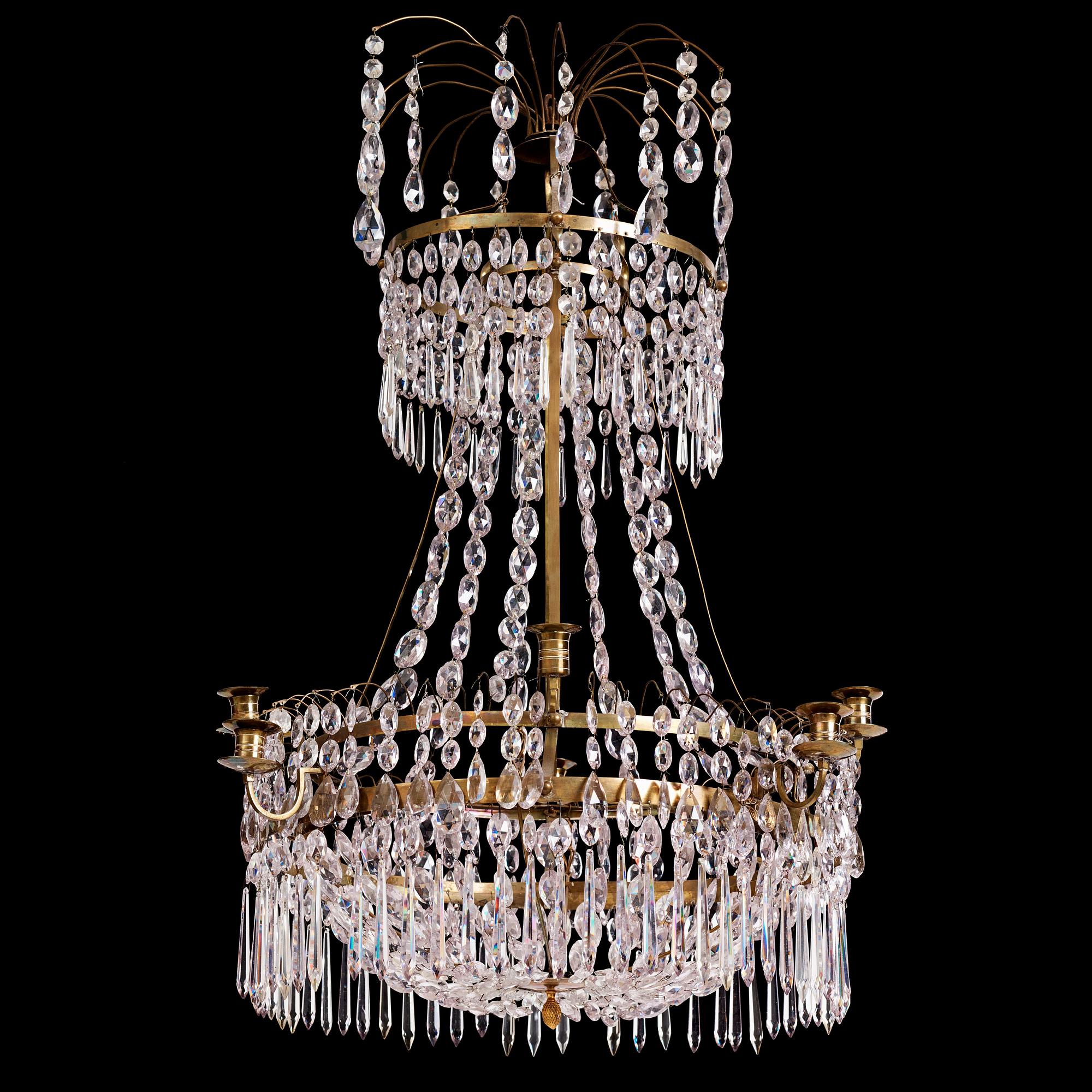 A Late Gustavian gilt brass and cut glass eight-light chandelier, circa 1800.
