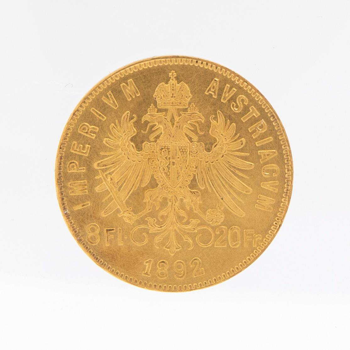 Gold coin 8 fl/20 fr, 1892 Austria/Hungary, Franz Joseph I.