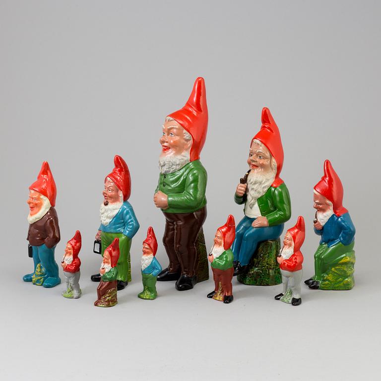 A collection of ten painted ceramic gnomes, partly from DDR, former East Germany, mid 20th century.