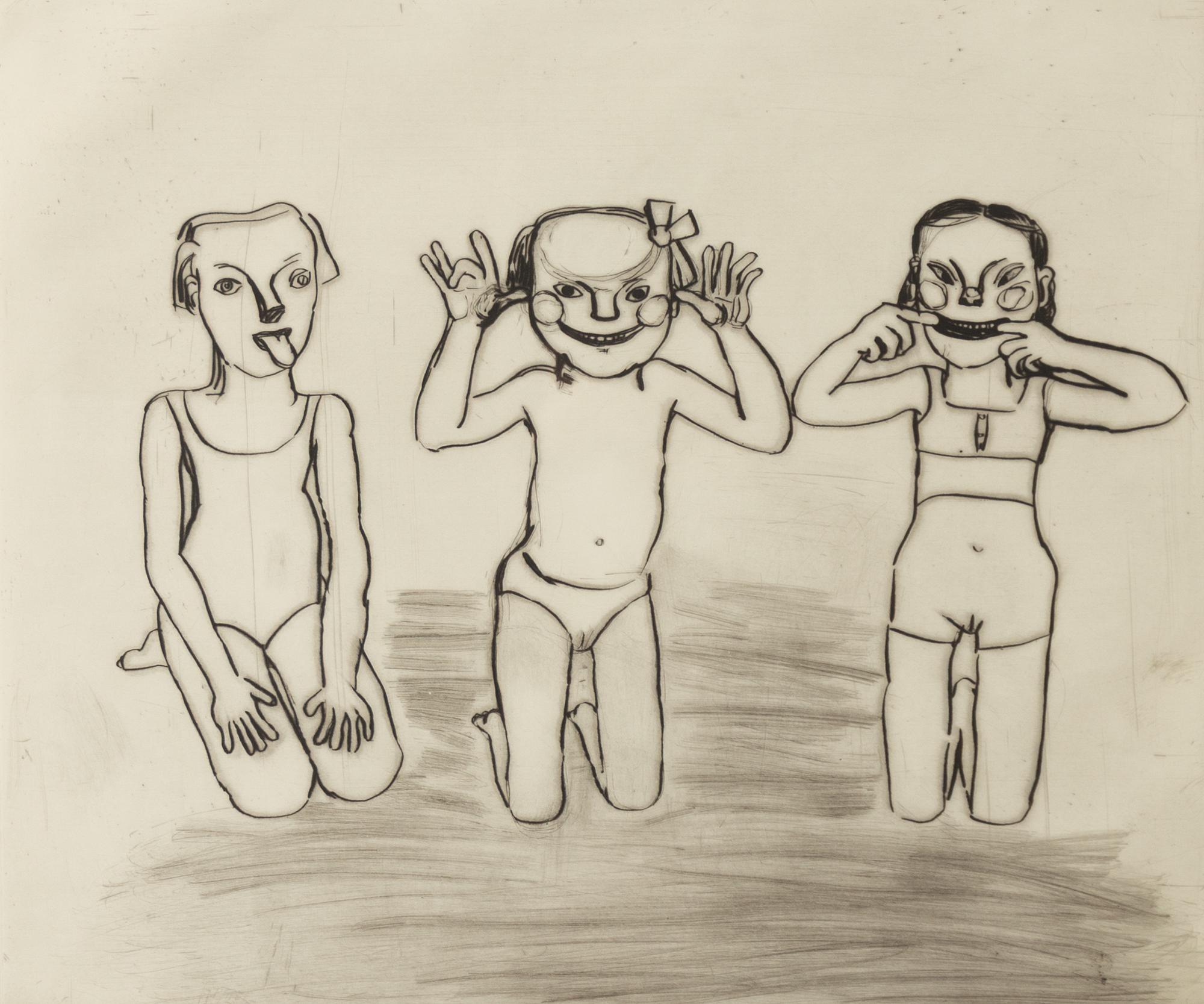 Lena Cronqvist, "Tre grimaser, tunga, öron, mun".