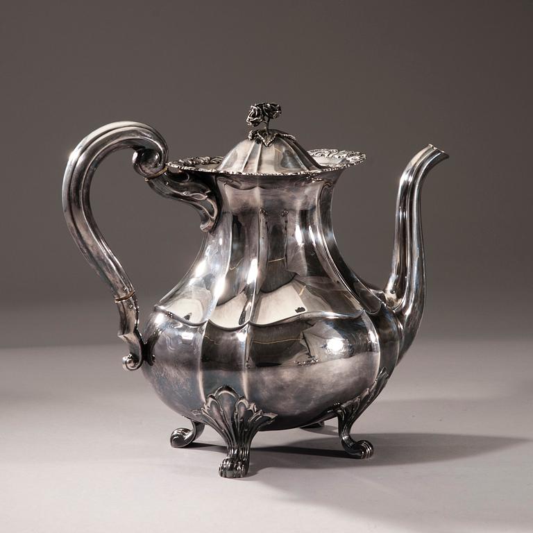 KAFFESERVIS, 3 delar, silver, finska kontrollstämplar, Tavastehus 1947. Total vikt ca 1145 g.