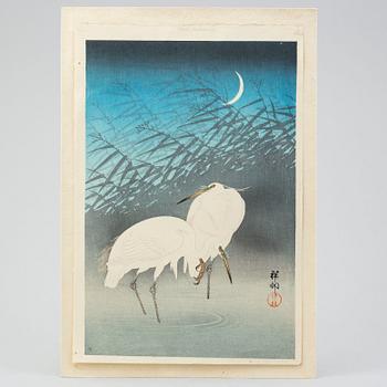 A Japanese wood block print after Ohara Koson, 20th Century. "Cranes". Publisher: Watanabe Shozaburo.