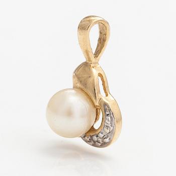 A 14K gold pendant with a cultured pearl and a diamond ca. 0.005 ct.