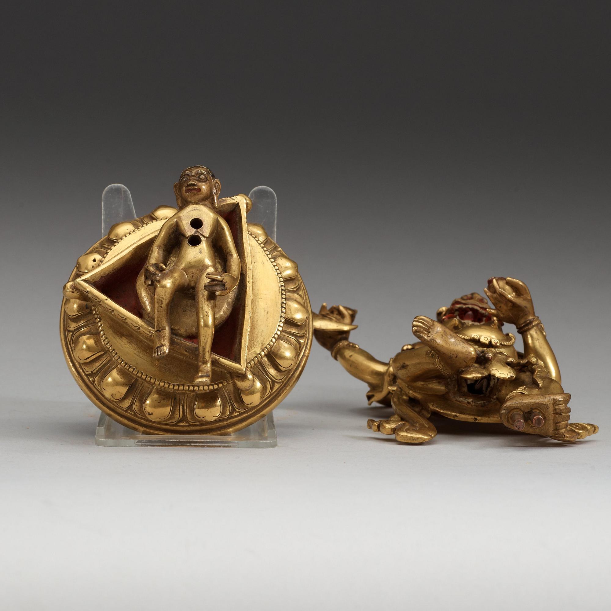 A Sinotibetan lacquered and gilt bronze figure of Takini Sinihavaktra, Qing dynasty, 19th Century or older.