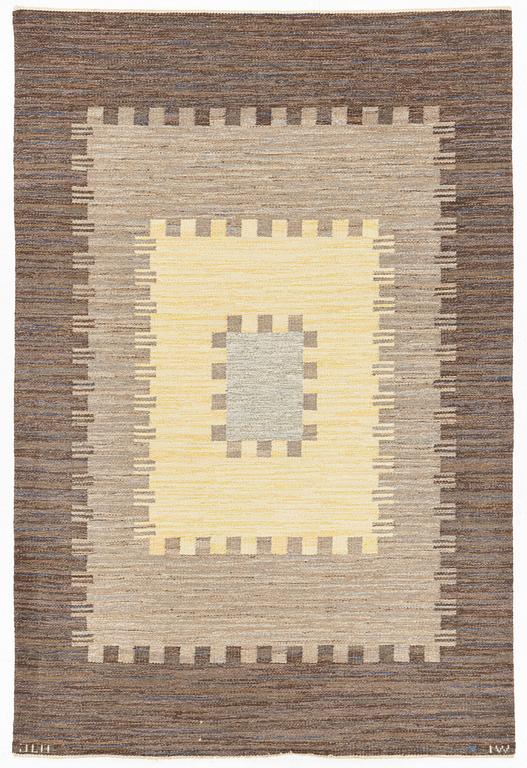 Ingrid Welander, a flat weave rug, Jönköpings läns hemslöjd, signed JLH IW, c. 240 x 160 cm.