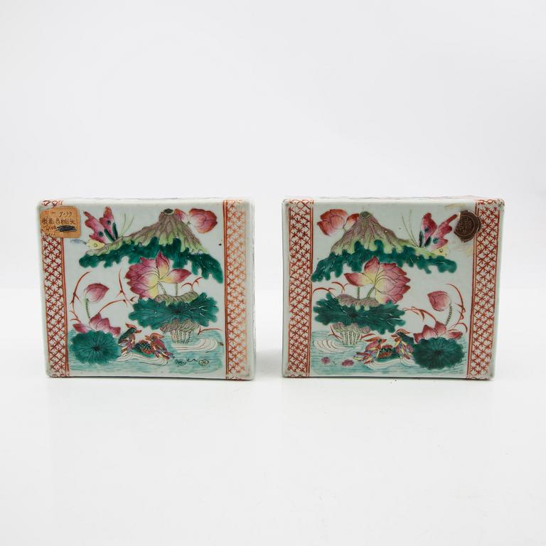 Vases a pair, cushions a pair, and incense burners China (5 pcs) late 19th century/early 20th century porcelain.