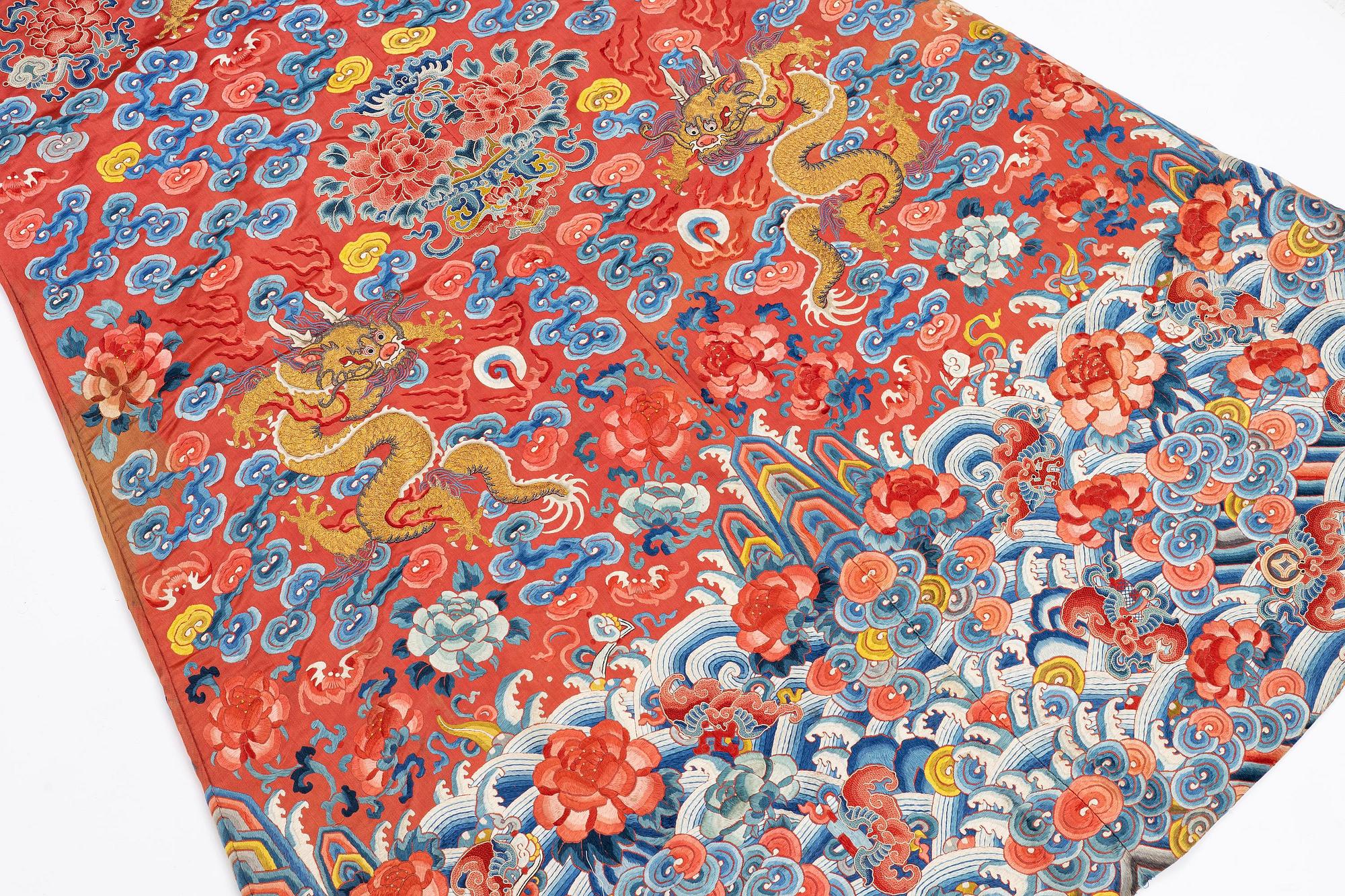 An embroidered red ground five clawed dragon 'female' formal robe, Qing dynasty, 19th century.