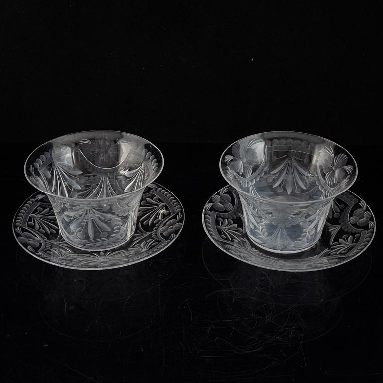 A pair of glass bowls with dishes, 20th century.