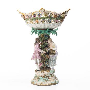 Meissen, A large polychrome reticulated porcelain basket on a pedestal with dancing figures, 19th century.