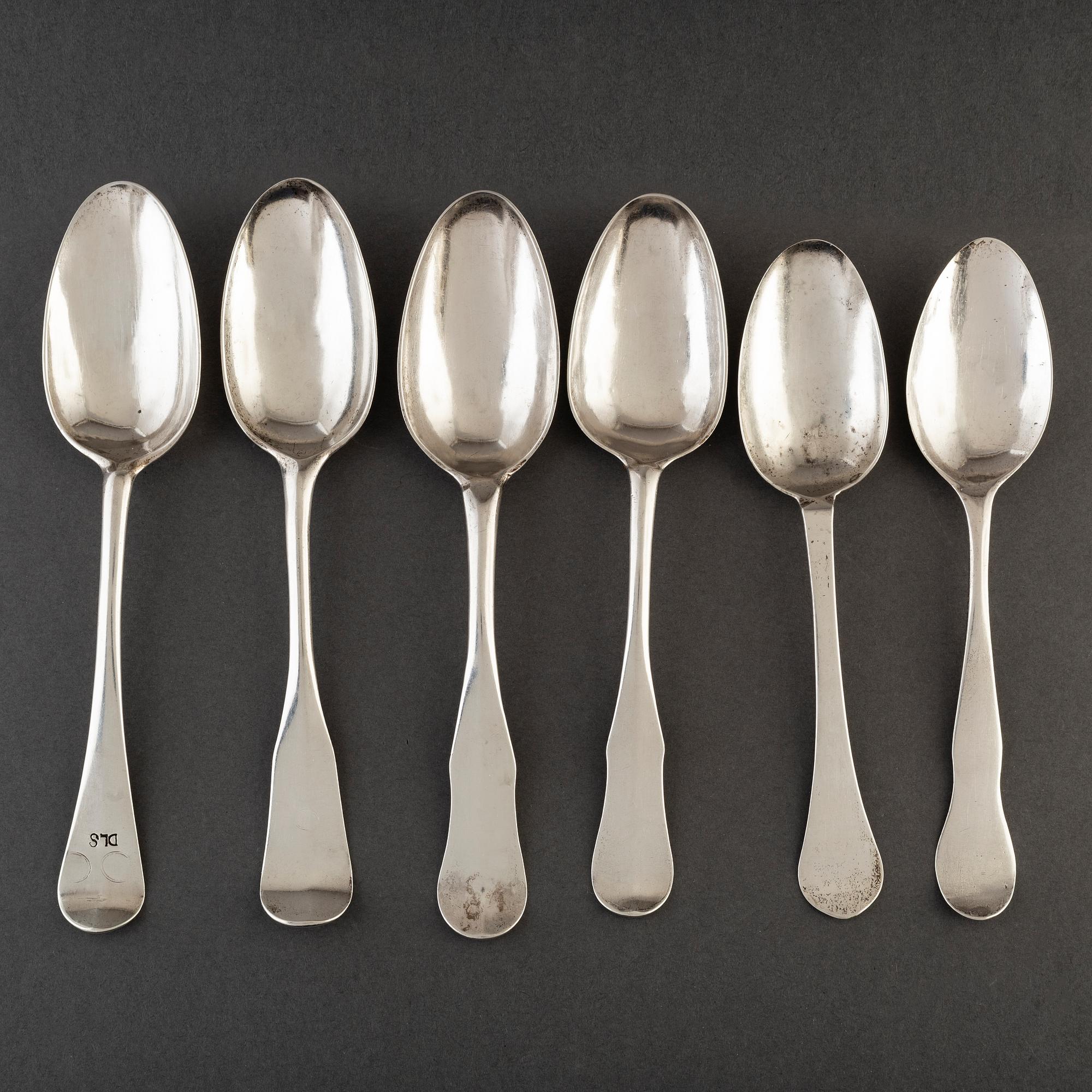 6 silver spoons from Västerås. Late 18th and eraly 19th century.