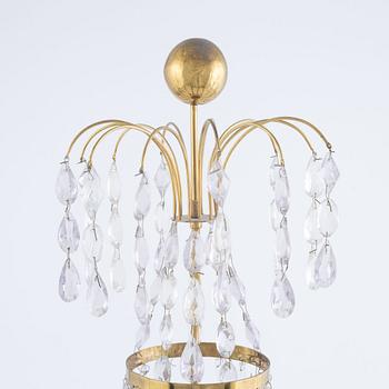 A three-light brass, marble, and glass lustre, 20th century incorporating older elements.